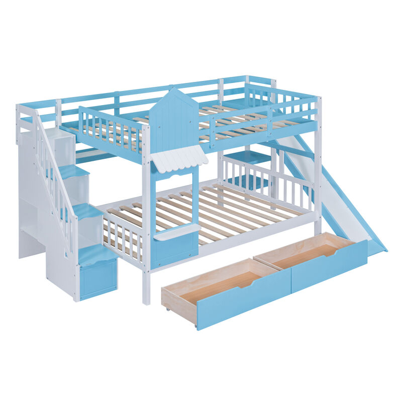 Full Over Full Castle Style Bunk Bed With 2 Drawers 3 Shelves And Slide