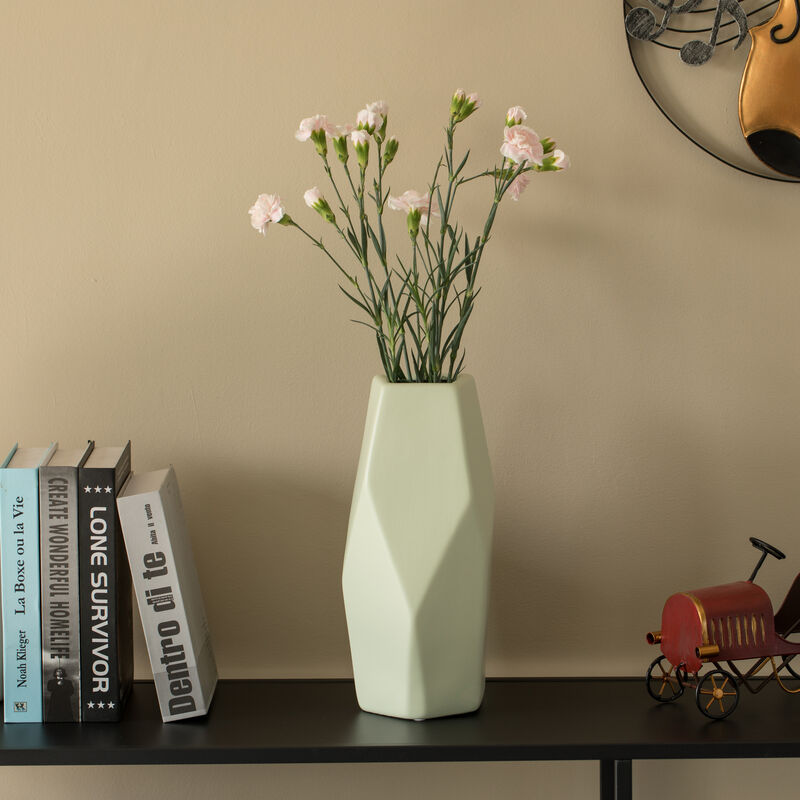 8" H Decorative Ceramic Multi Paned Vase, Modern Style Centerpiece Table Vase White, Medium