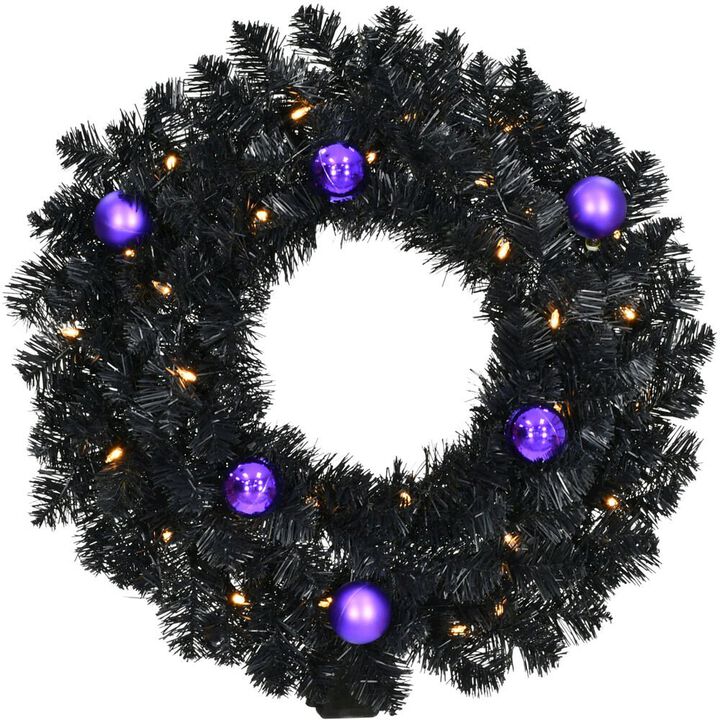 Haunted Hill Farm HHF 24 Wreath w/ Ornaments, B/O Warm White LED Lights