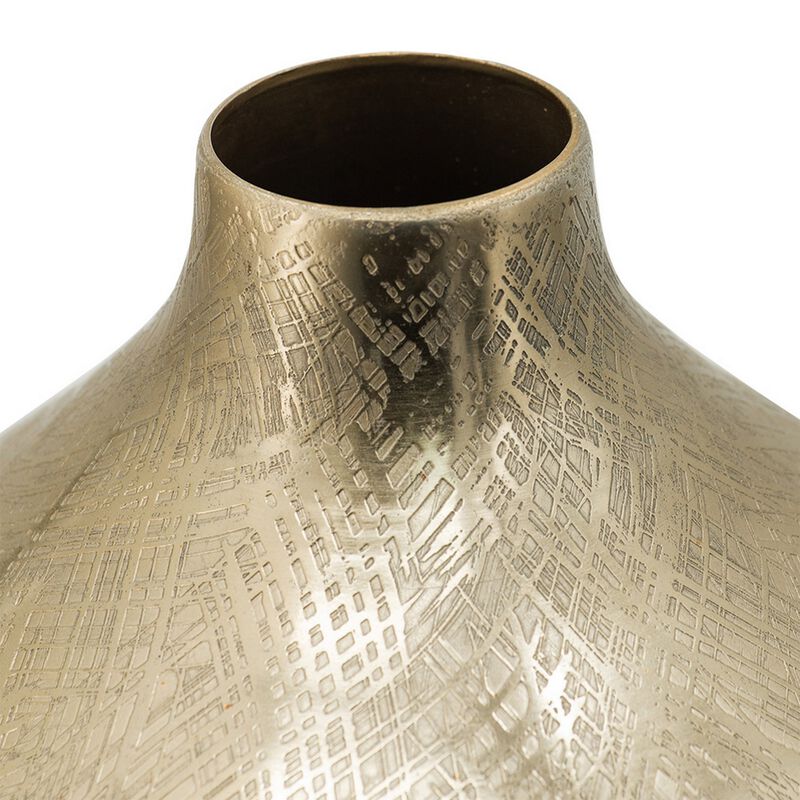 Pansy 14 Inch Modern Vase, Metal, Tall Curved Shape, Bottleneck, Gold  - Benzara