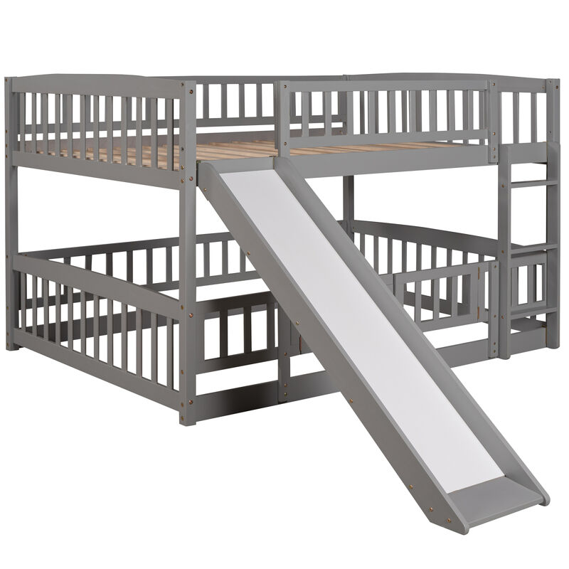 Bunk Bed With Slide, Full Over Full Low Bunk Bed With Fence And Ladder For Toddler Kids Teens