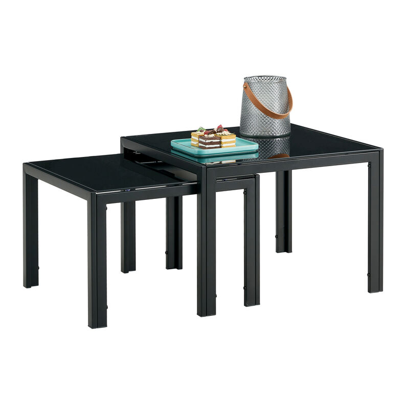 Nesting Coffee Table Set Of 2, Square Modern Stacking Table With Tempered Glass Finish