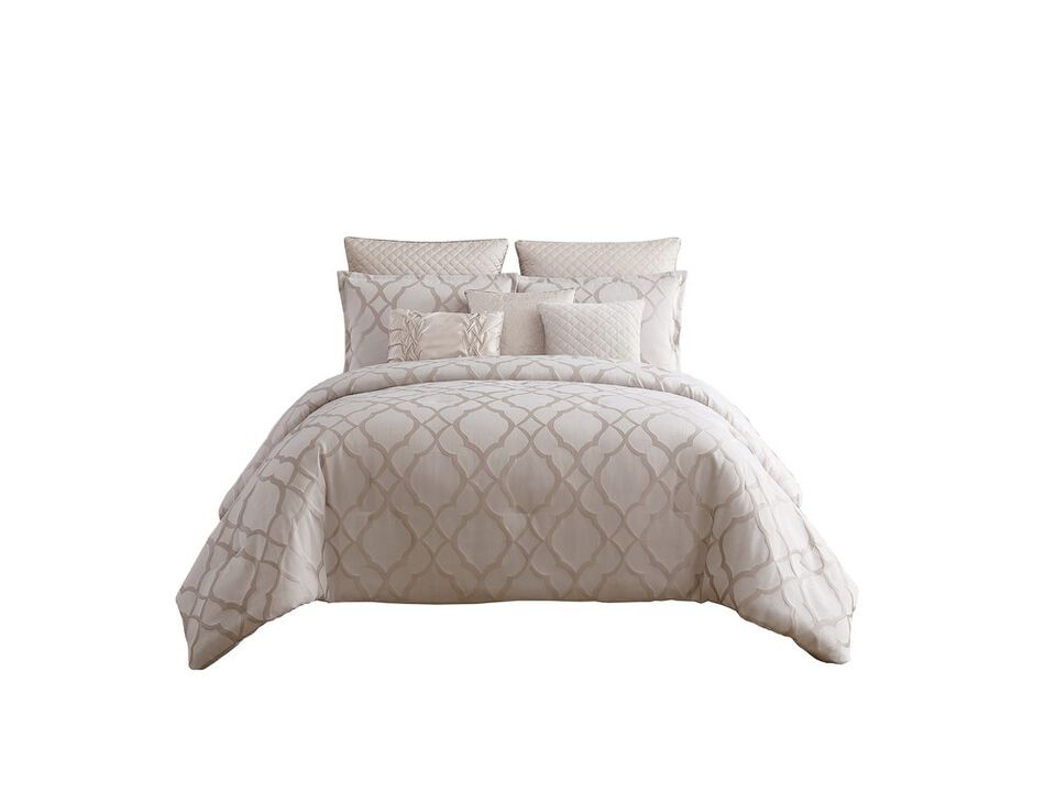 9pc Queen Size Comforter Set with Quatrefoil Prints, White Polyester - Benzara