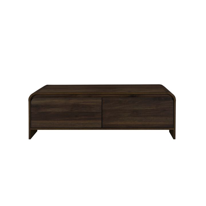 Maria Coffee Table, 2 Drawer and Waterfall Style, Brown Wood 47 Inch - Benzara