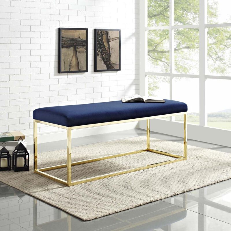 Modway Anticipate Velvet Upholstered Modern Bench With Stainless Steel Frame in Gold Navy