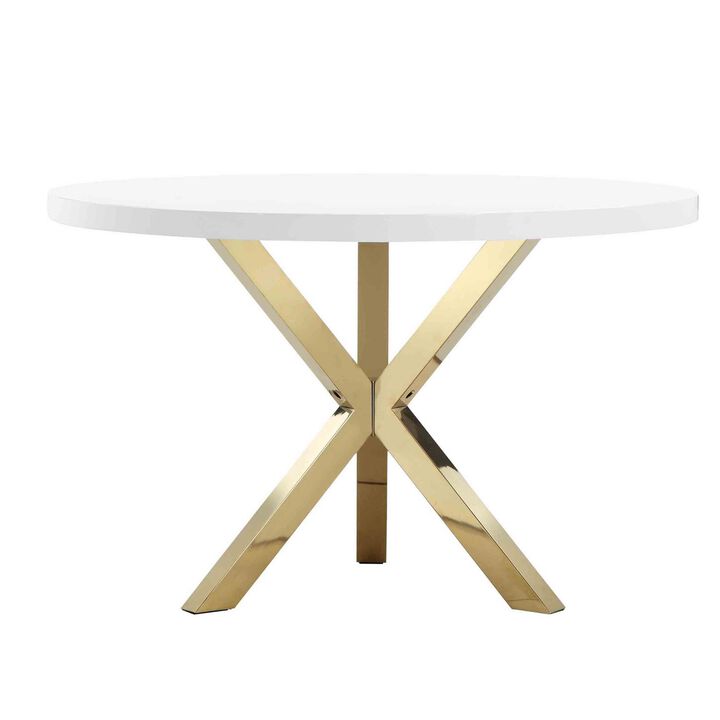 Emi 47 Inch Dining Table, Round White Lacquer Top, X Twisted Gold Legs - Benzara