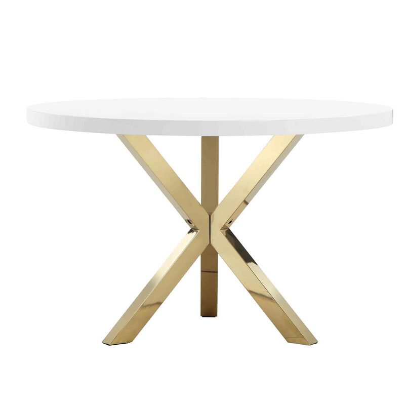 Emi 47 Inch Dining Table, Round White Lacquer Top, X Twisted Gold Legs - Benzara