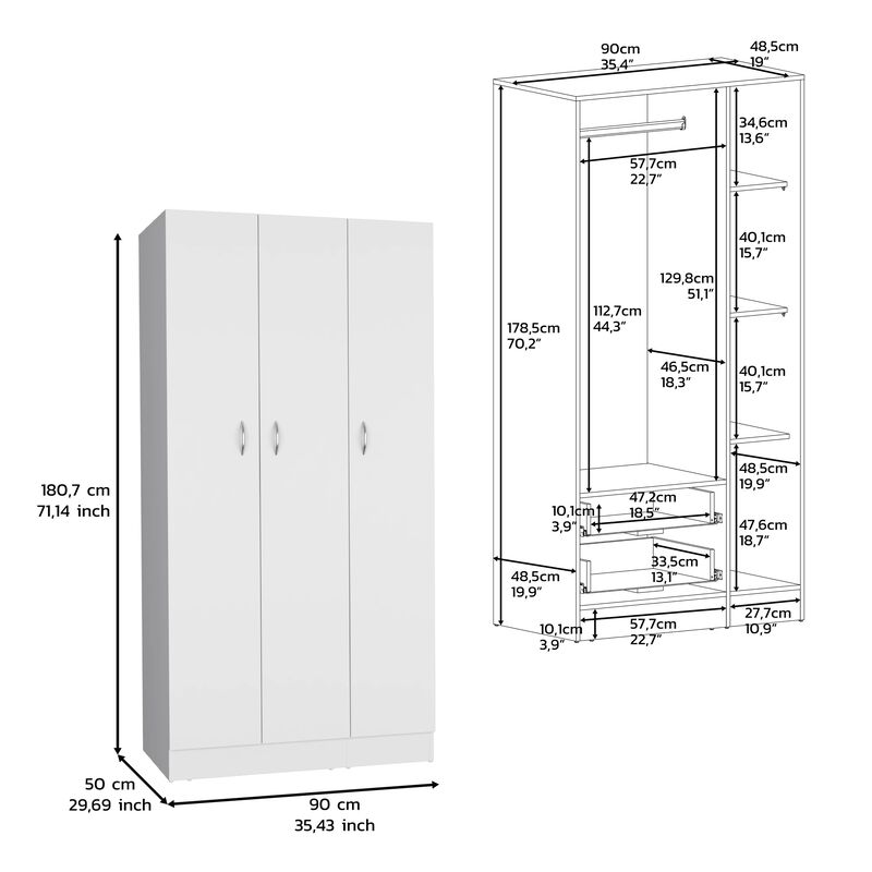 Westbury Wardrobe Armoire with 3-Doors and 2-Inner Drawers, Black -Bedroom