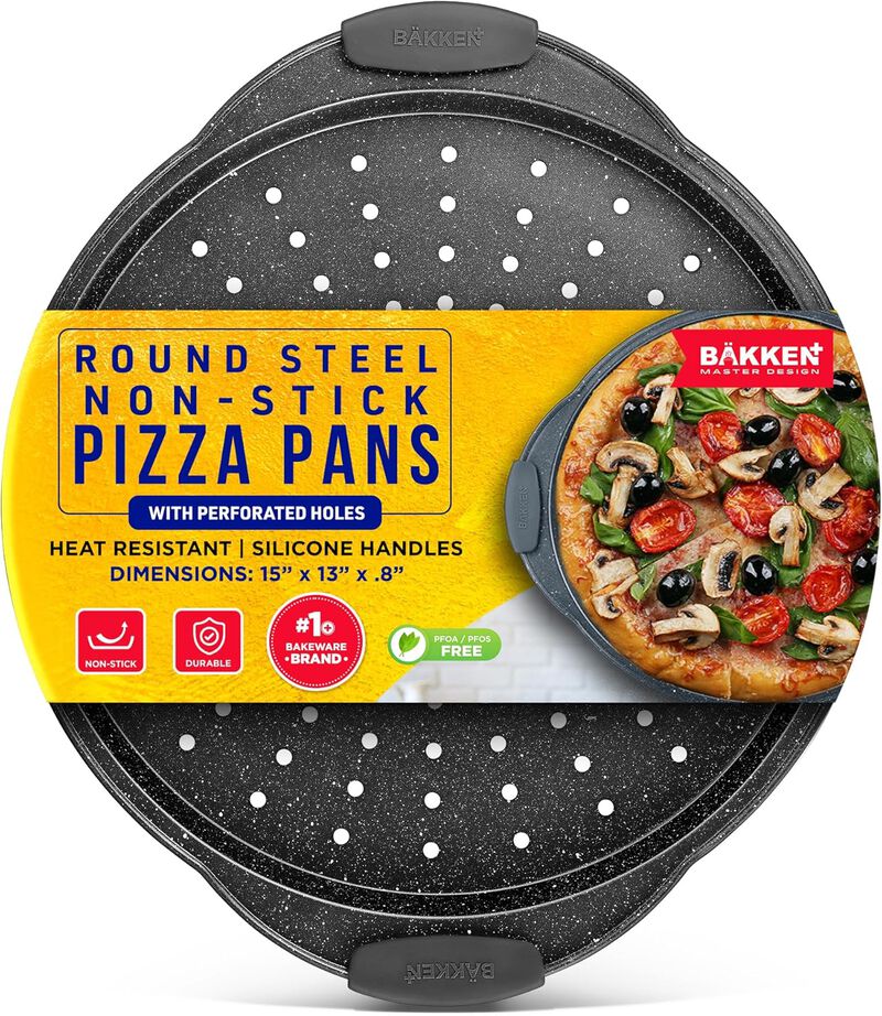 Bakken Pizza Baking Pan - Round Perforated Carbon Steel Pan with Non-Stick Marble Coating, Dishwasher Safe, High-Temperature Resistant, Durable & Easy Cleanup