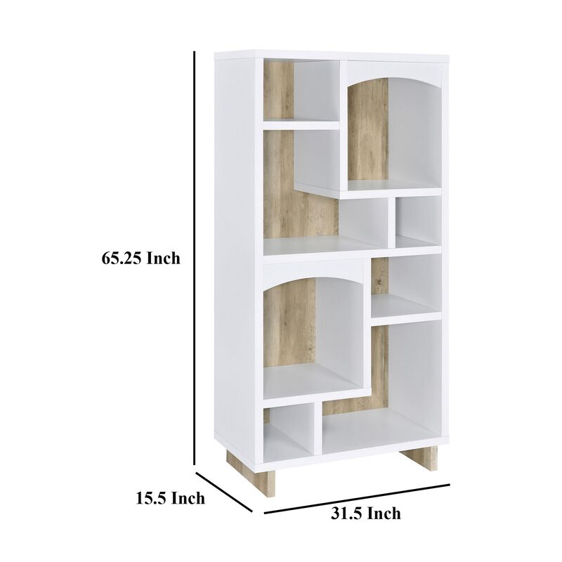 Aton Bookcase, Multiple Shelves and Compartments, Distressed White - Benzara