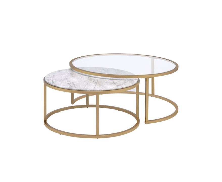 ACME Shanish 2Pc Pk Nesting Table Set, Faux Marble & Gold