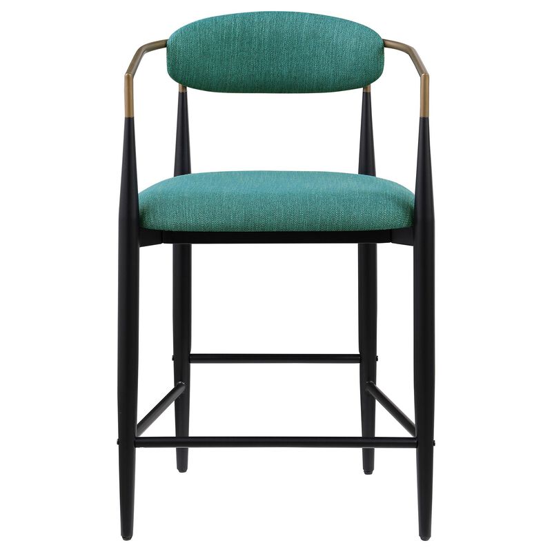 Tiara Counter Height Chair Set of 2, Teal Green, Black Metal 25 Inch - Benzara