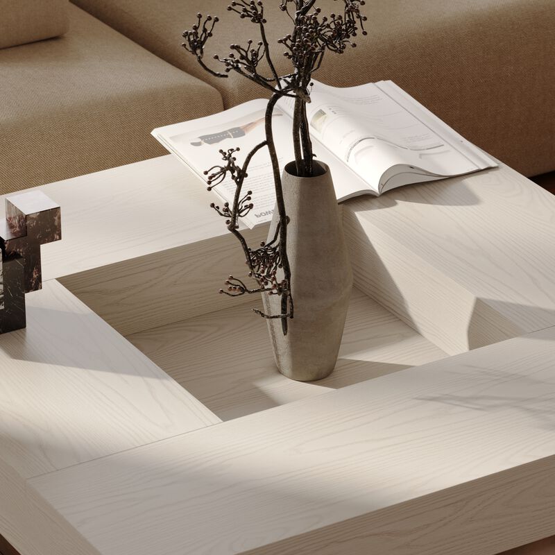 FUFU&GAGA Modern White Wood Coffee Table – Solid Wood, Square Design, Spacious Tabletop with Built-in Storage, Sturdy Frame (43.3" W x 43.3" D x 15.7" H), White