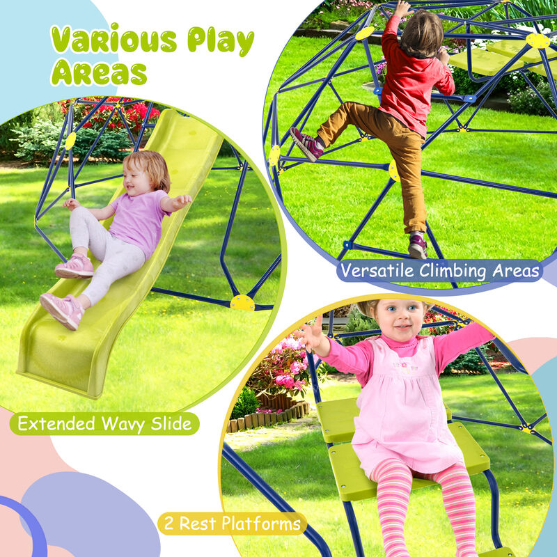 13.3 FT Climbing Dome Geometric Dome Climber with Extended Wavy Slide and 2 Rest Platforms