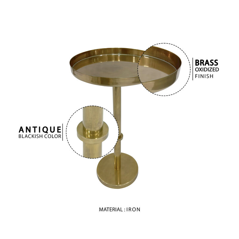 Ara 12 Inch Side End Table, Vintage Sleek Pillar Base, Round Tray Top, Oxidized Antique Brass