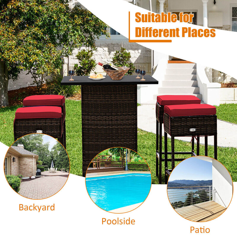 5 Pieces Patio Rattan Bar Table Stool Set Hidden Storage Shelf Cushioned