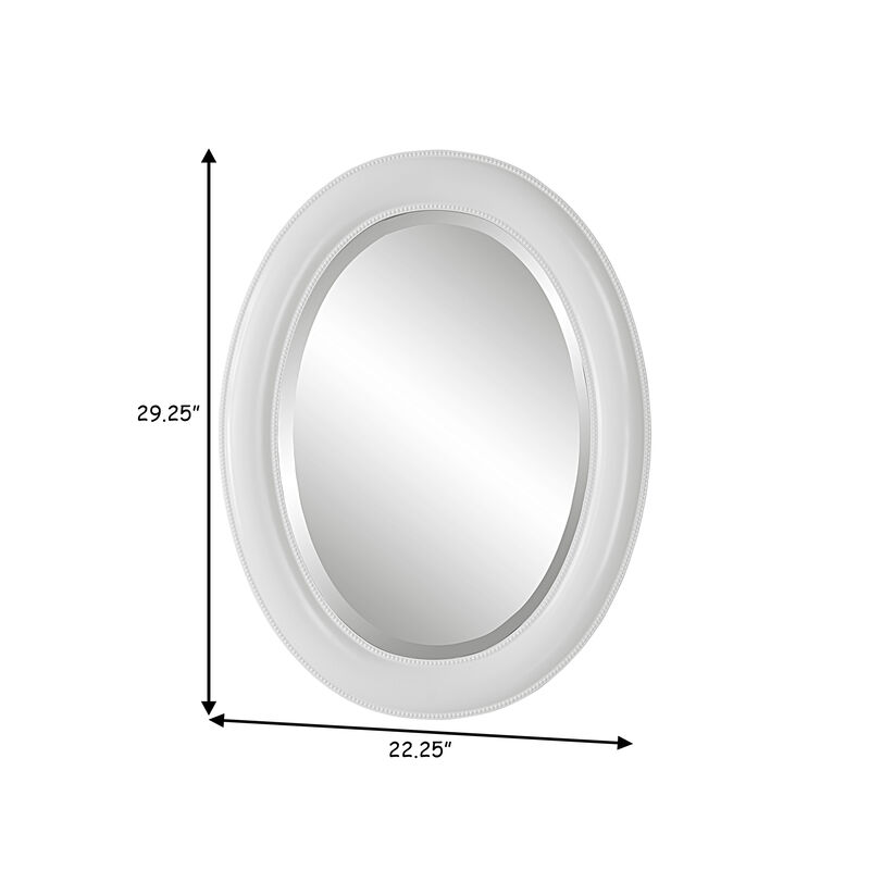 29 Inch Wood Wall Mirror, Beaded Oval Shape, White-Benzara