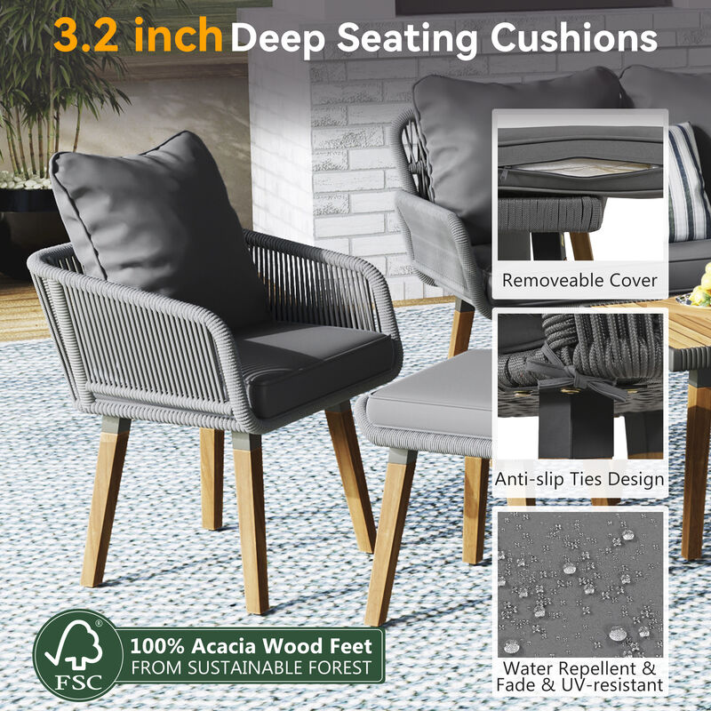 Unique Rope Woven Sofa Set with 2-in-1 Wood Cool Bar Table