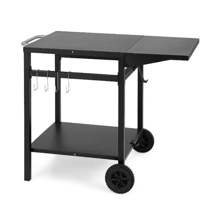 Movable Outdoor Grill Cart with Folding Tabletop and Hooks-Black