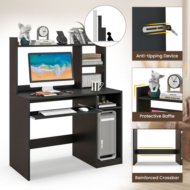 Home Office Computer Desk with Bookcase Keyboard Tray and CPU Stand
