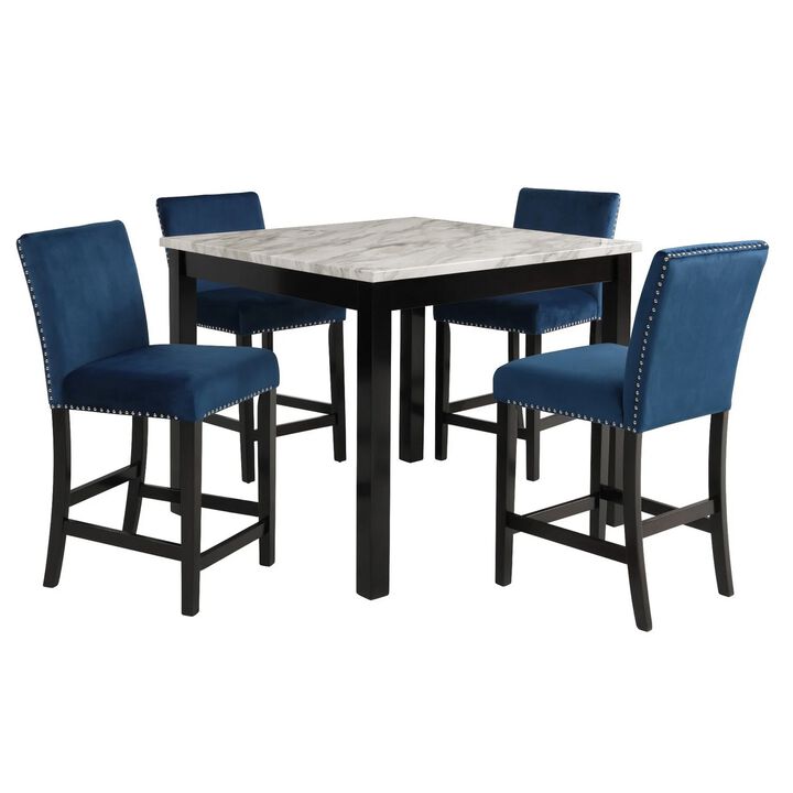 Jordan 5 Piece Counter Height Table Set, 4 Chairs, Wood, Royal Blue Velvet - Benzara
