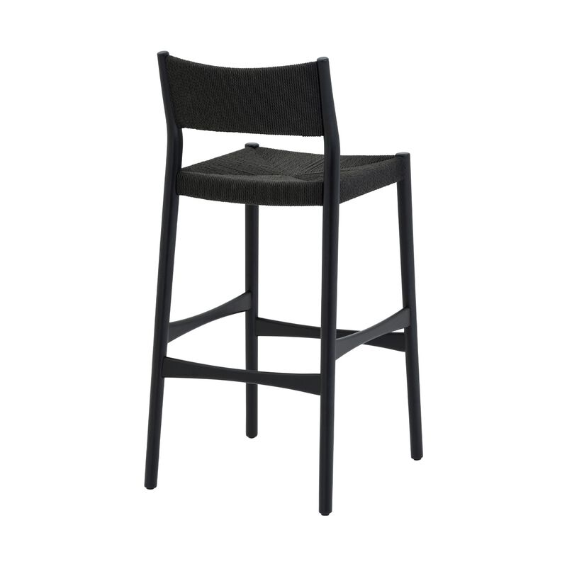 Rie Counter Stool Chair, Danish Inspired Panel Back, Black Woven Paper Cord - Benzara