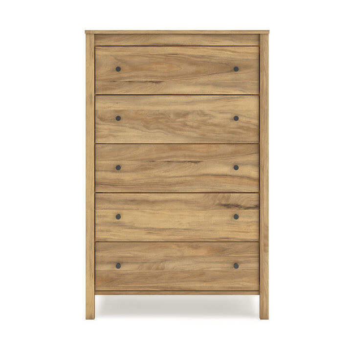 Maci Tall Dresser Chest, 5 Drawers, Natural Brown Wood Finish, 50 Inch - Benzara