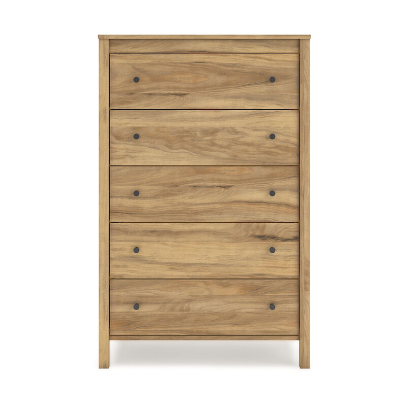 Maci Tall Dresser Chest, 5 Drawers, Natural Brown Wood Finish, 50 Inch - Benzara