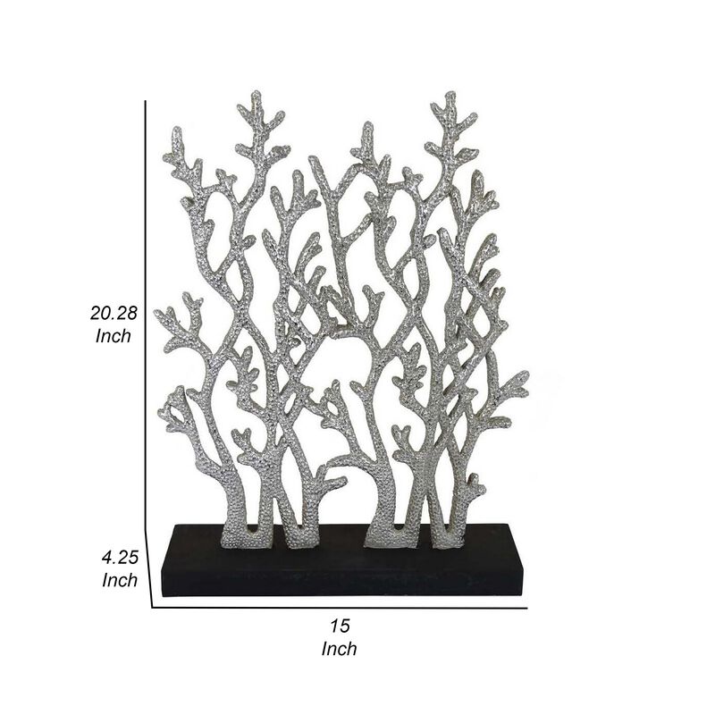 Spark 20 Inch Coral Table Top Decor, Coastal Design, Resin, Silver, Black - Benzara