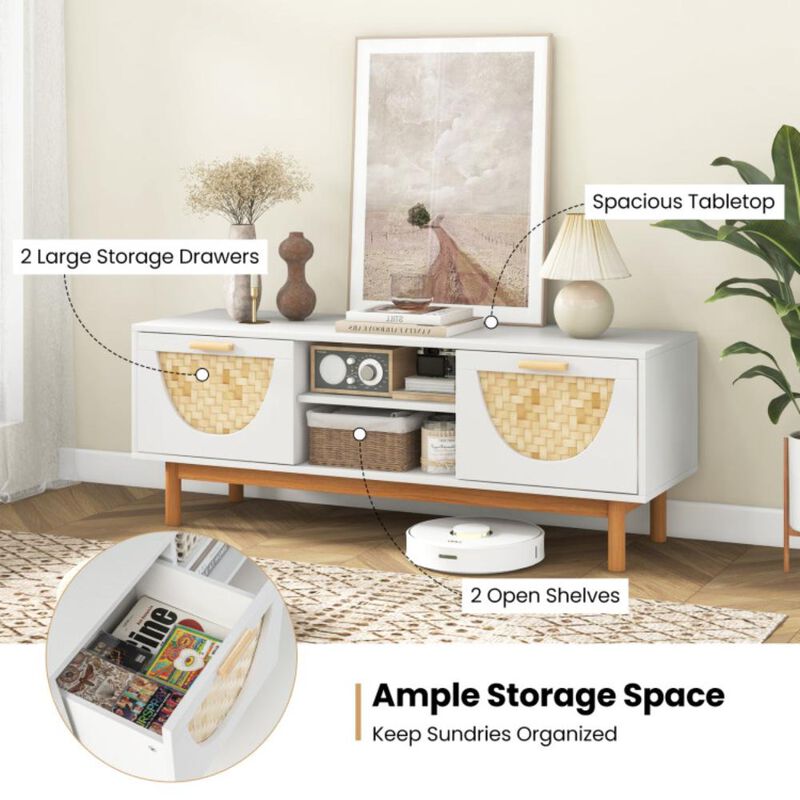 Hivvago Mid Century Modern TV Stand Entertainment Center for 55-Inch TV with 2 Drawers and Bamboo Woven Fronts-White
