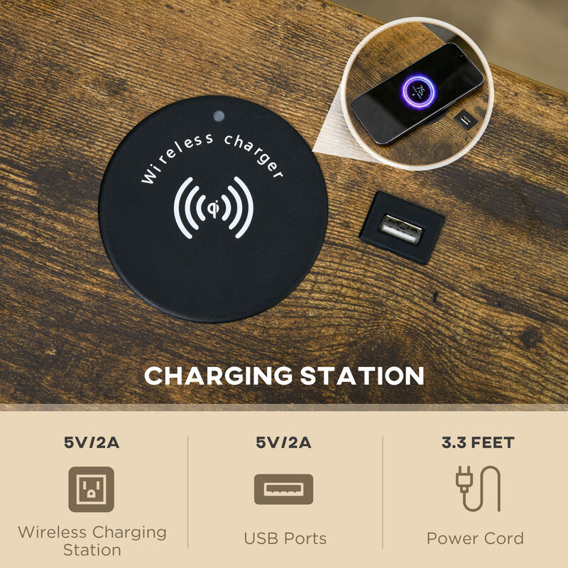 End Table with Wireless Charging Station, 2 USB Ports, Rustic Brown
