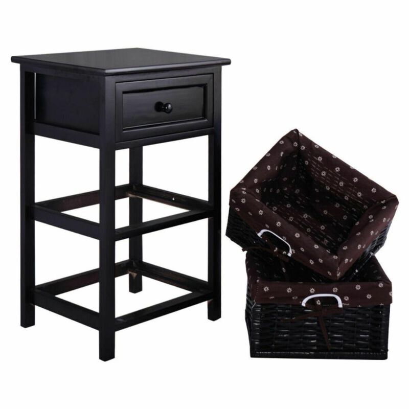 Hivvago 3 Tiers Wooden Storage Nightstand with 2 Baskets and 1 Drawer-black