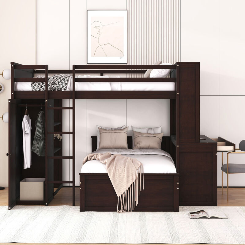 Full Size Loft Bed With A Twin Size Stand-Alone Bed, Shelves, Desk, And Wardrobe