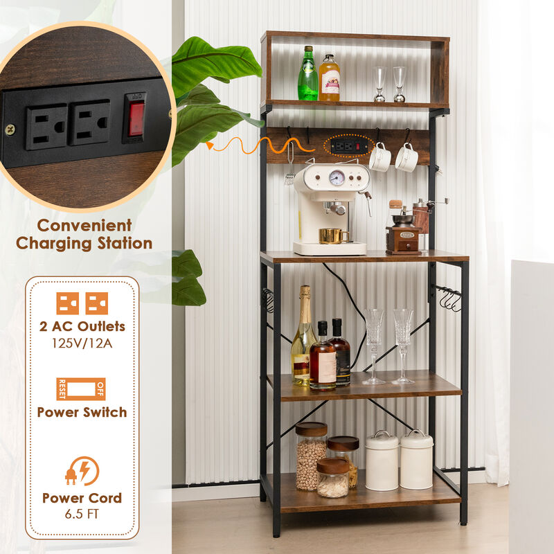 60 Inch Tall Microwave Stand with Open Shelves and 10 Hanging Hooks