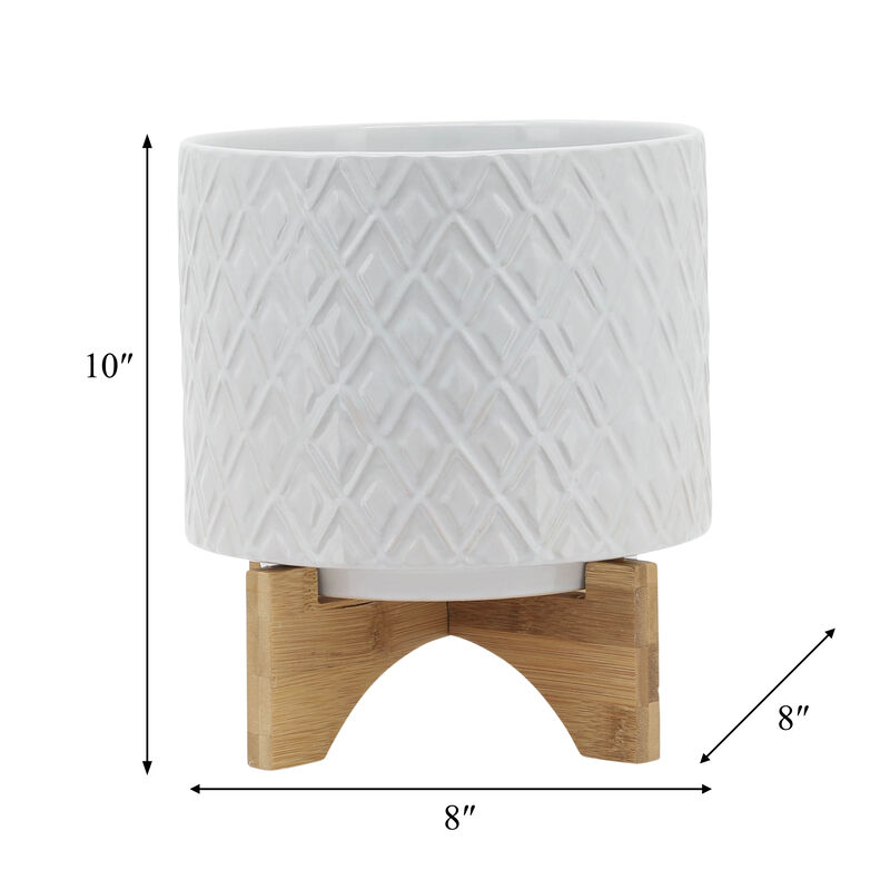 8" Diamond Planter with Stand, White