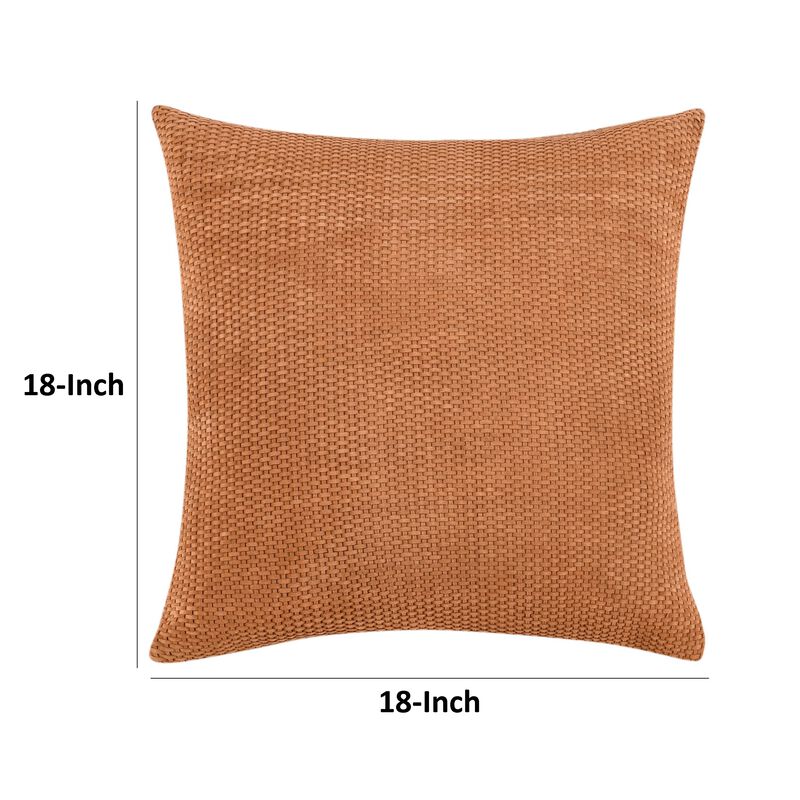 Sino Throw Pillow, Woven Basket Design, 18 Inch Brown Suede Leather - Benzara