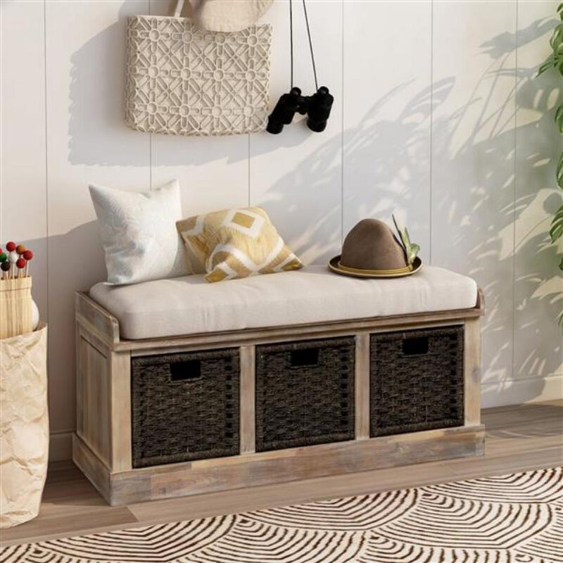 Rustic Storage Bench with 3 Rattan Baskets and Removable Cushion for Entryway