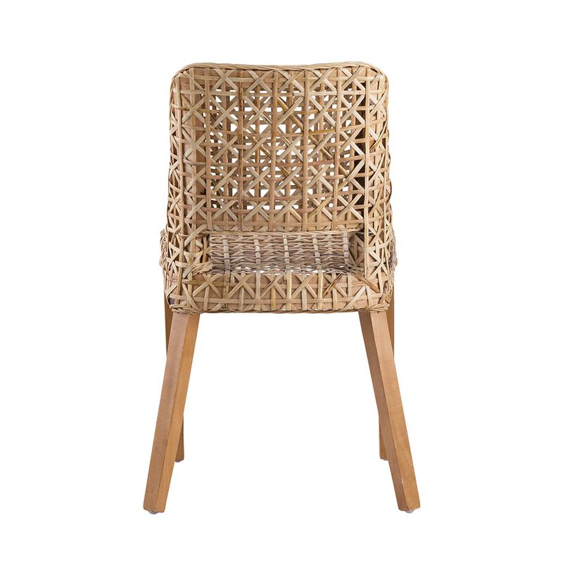 21 Inch Dining Side Chair, Woven Rattan Backrest, Wood Frame, Natural Brown-Benzara
