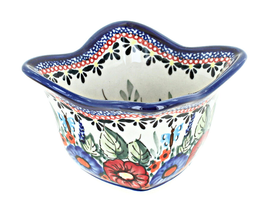 Blue Rose Polish Pottery Porcelain Vine Small Square Scallop Bowl
