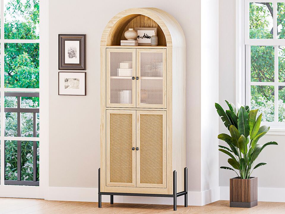 BELLEZE 65 Inch Storage Cabinet, Freestanding Arched Bookshelf for Living Room, Curio Cabinet with Reeded Glass Door, Storage and Organizer Cabinet with Adjustable Shelves for Kitchen - White Lotus