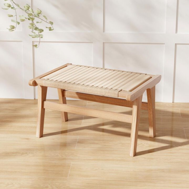 Hivvago Teak Wood Ottoman Footstool with Braided Rope for Living Room