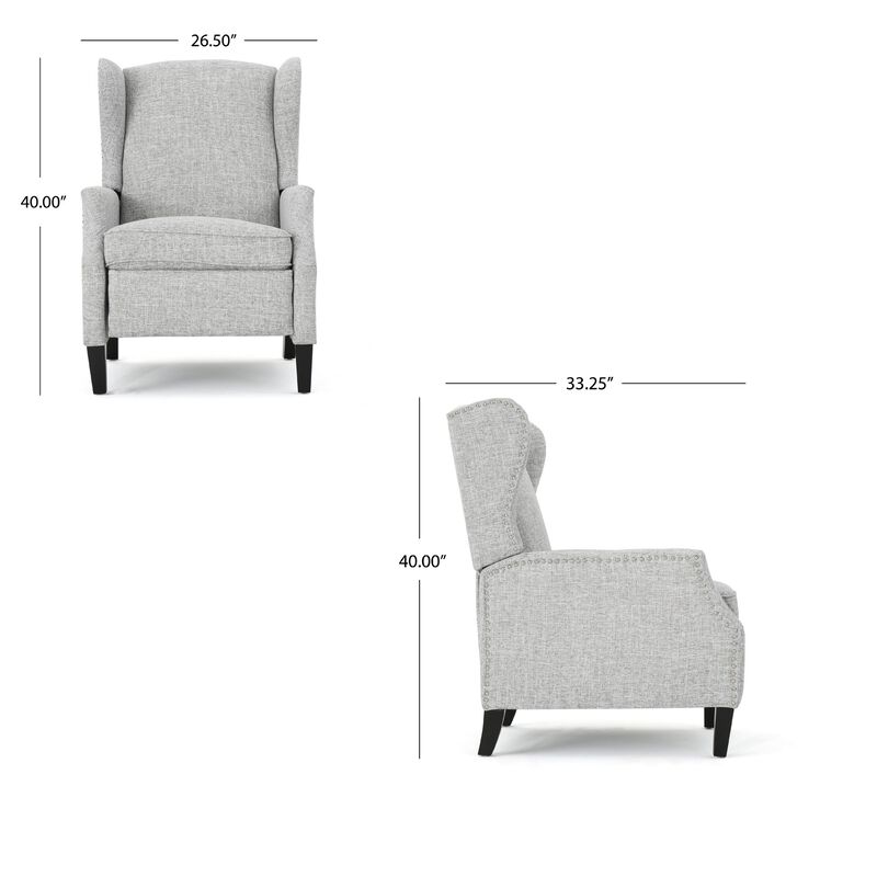 Nora Manual Recliner Lounge Chair, Wingback, Nailhead Trim, Gray - Benzara