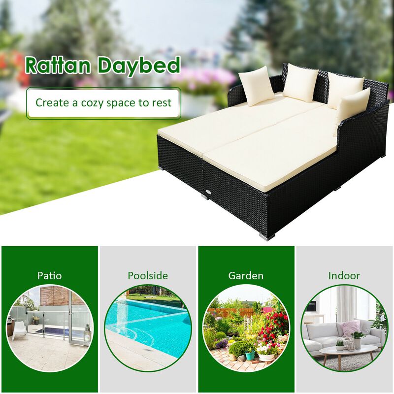 Spacious Outdoor Rattan Daybed with Upholstered Cushions and Pillows