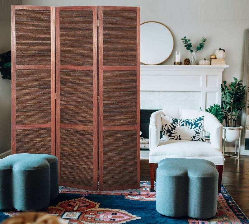 Wooden 3 Panel Room Divider with Horizontal Bamboo Stripes, Dark Brown-Benzara