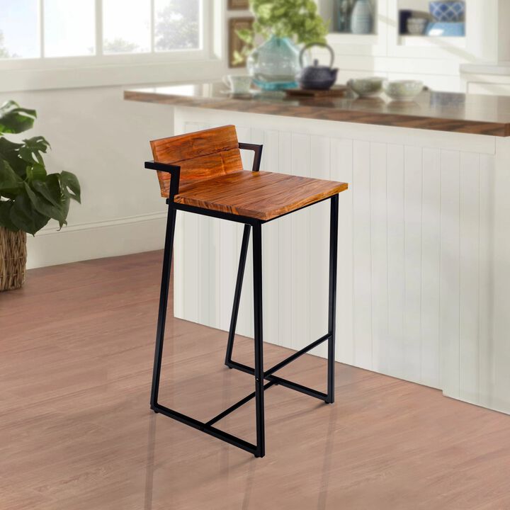 30 Inch Industrial Style Acacia Wood Barstool with Metal Frame, Brown and Black-Benzara