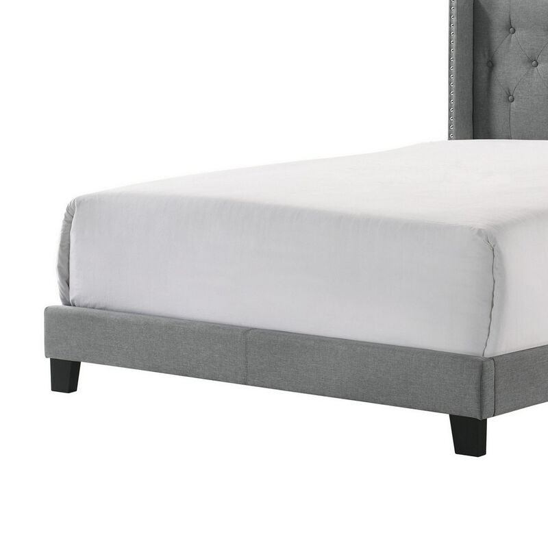 Lih Full Bed, Tufted Headboard, Wood Frame, Fabric, Black Legs, Gray - Benzara