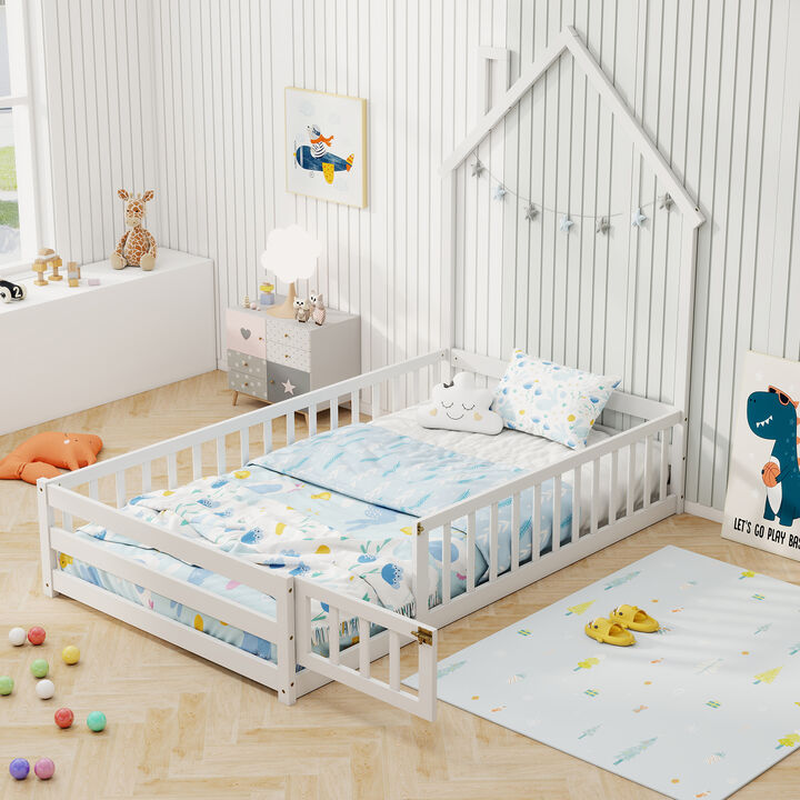 Montessori Floor Bed with Lockable Door and Full-Length Guardrail