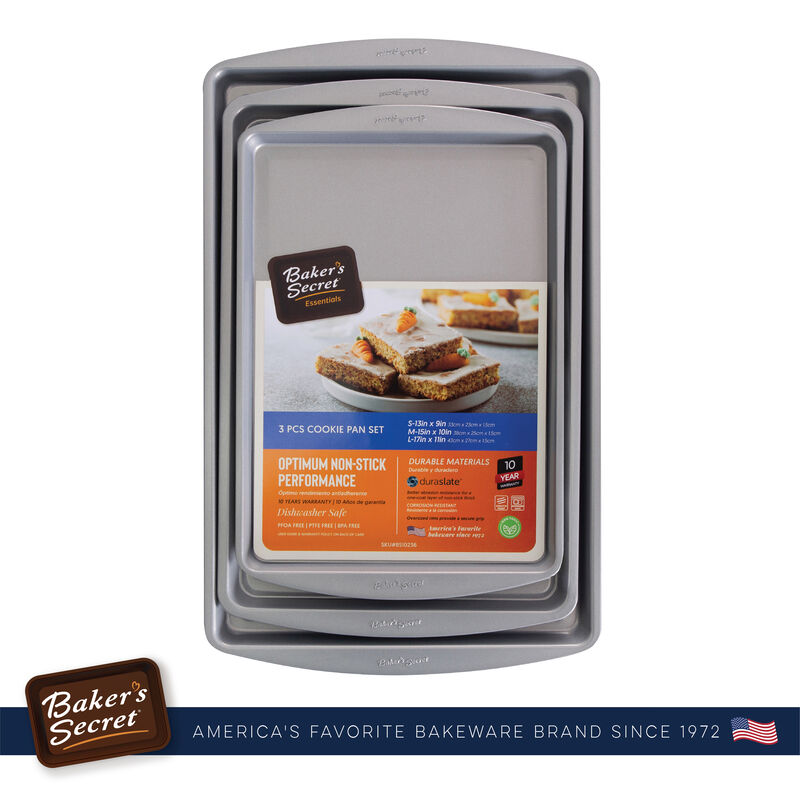 Baker's Secret Set of 3 Cookie Sheet 15"17"19" , Nonstick Coating, Carbon Steel Construction, Essentials Line , Dark Gray