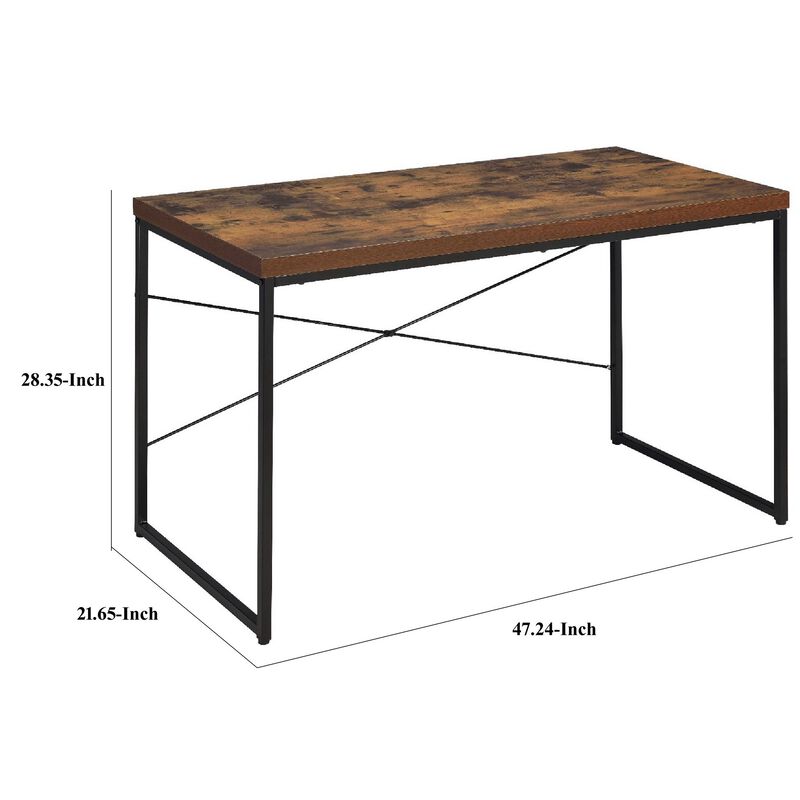 Rectangular Wooden Desk With Metal Base, Weathered Oak Brown And Black-Benzara