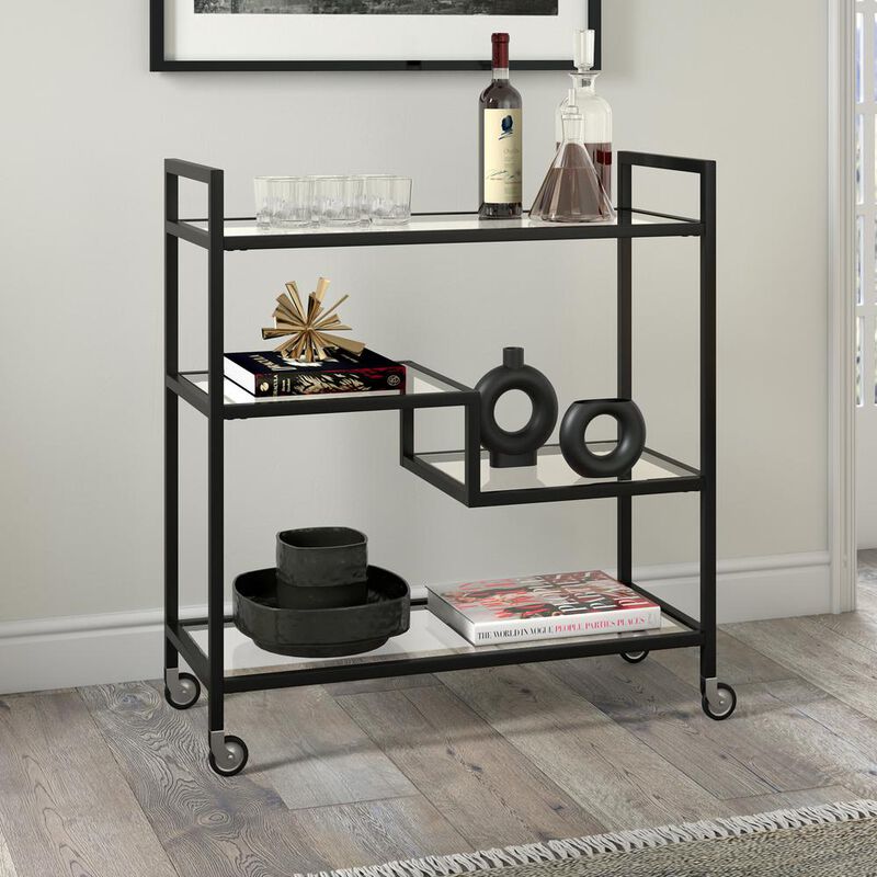 Hudson&Canal Lovett 33 Wide Rectangular Bar Cart with Glass Shelves in Blackened Bronze